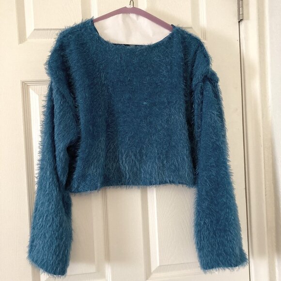 Excellent Condition, SZ L, Fuzzy Feathery Bolero Jacket, Teal Blue - Picture 3 of 6